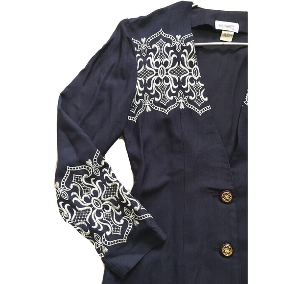 Vintage Womens Embroidered Button Blazer Navy Ivory S/M Small Affinity By Margos - Picture 2 of 11